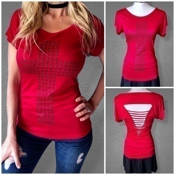 Tops - NEW Stone Embellished Cross Graphic Slashed Top
